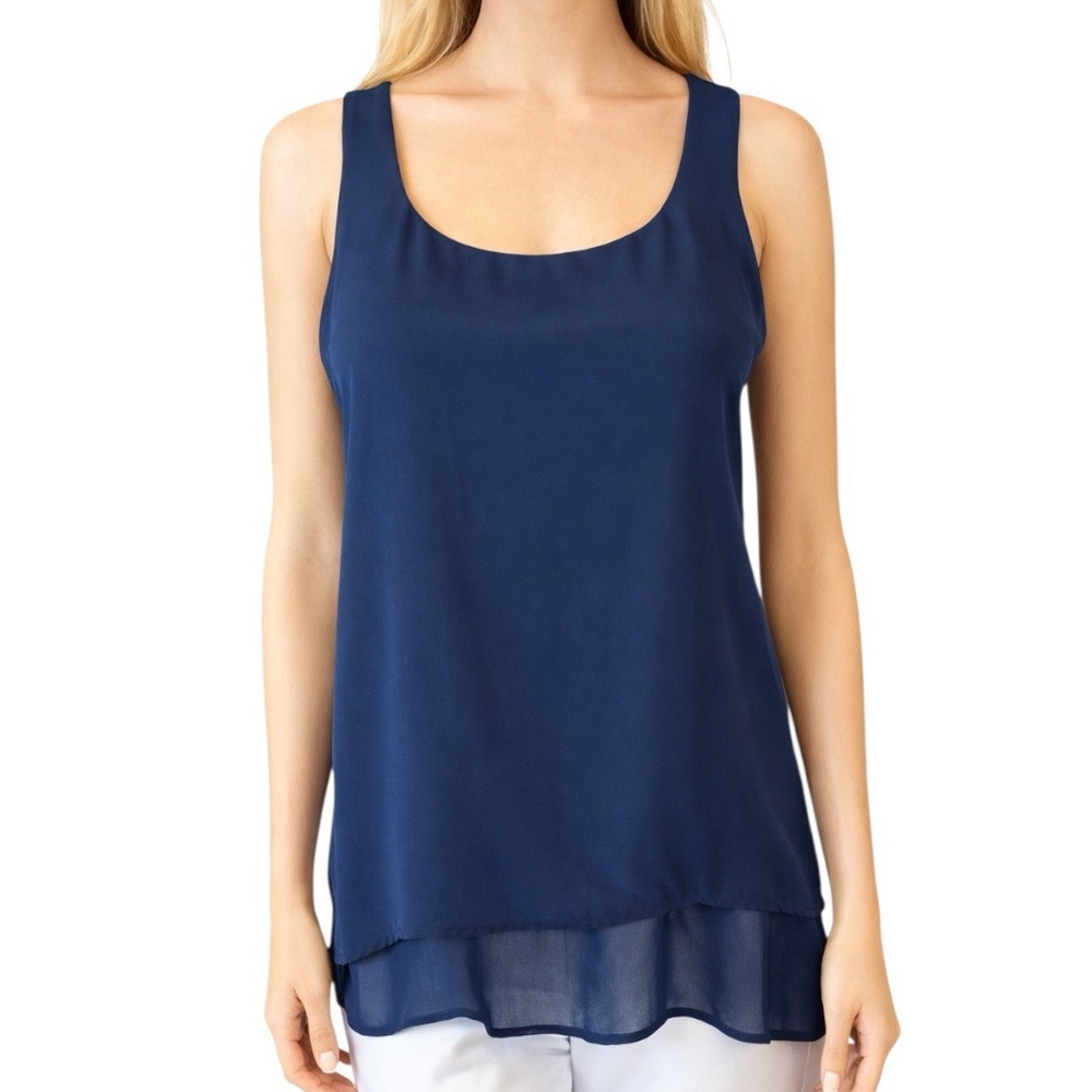 White House Black Market Navy Blue White Layered Asymmetrical Top - Picture 2 of 10